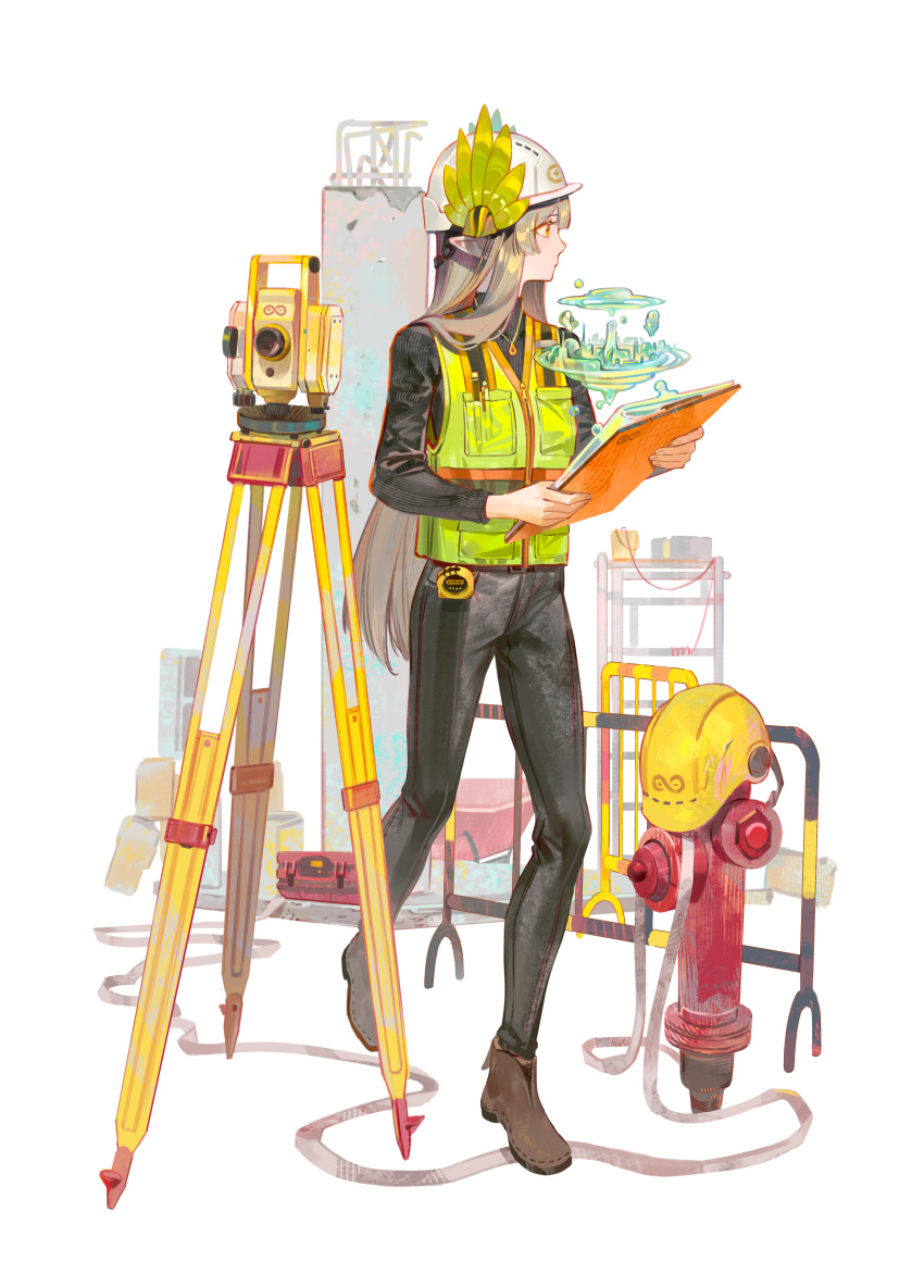 1girl absurdres alternate_costume ankle_boots arknights black_pants boots brown_boots clipboard commentary construction_worker elf full_body grey_hair hard_hat helmet high-visibility_clothing high-visibility_vest highres holding holding_clipboard laurel_crown level_(optical_instrument) long_hair looking_to_the_side lyuqiu muelsyse_(arknights) pants pointy_ears solo tripod unworn_headwear very_long_hair white_helmet yellow_eyes yellow_helmet