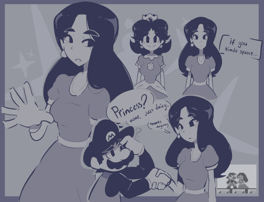 1boy 1girl breasts dress earrings expressionless facial_hair flower_earrings gloves hat holding_hands jewelry long_hair looking_at_another mario mario_(series) mustache nintendo overalls princess_daisy shammah smile super_mario_land