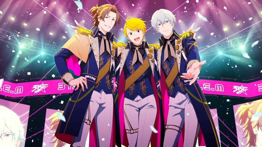 3boys ahoge blonde_hair brown_hair double_v epaulettes facial_hair fingernails glasses goatee grey_hair hair_between_eyes hand_on_own_hip hands_on_another&#039;s_shoulders hazama_michio highres idol idolmaster idolmaster_side-m looking_at_viewer maita_rui male_focus multiple_boys official_art open_mouth outstretched_hand s.e.m_(idolmaster) smile stage_lights teeth v yamashita_jiro