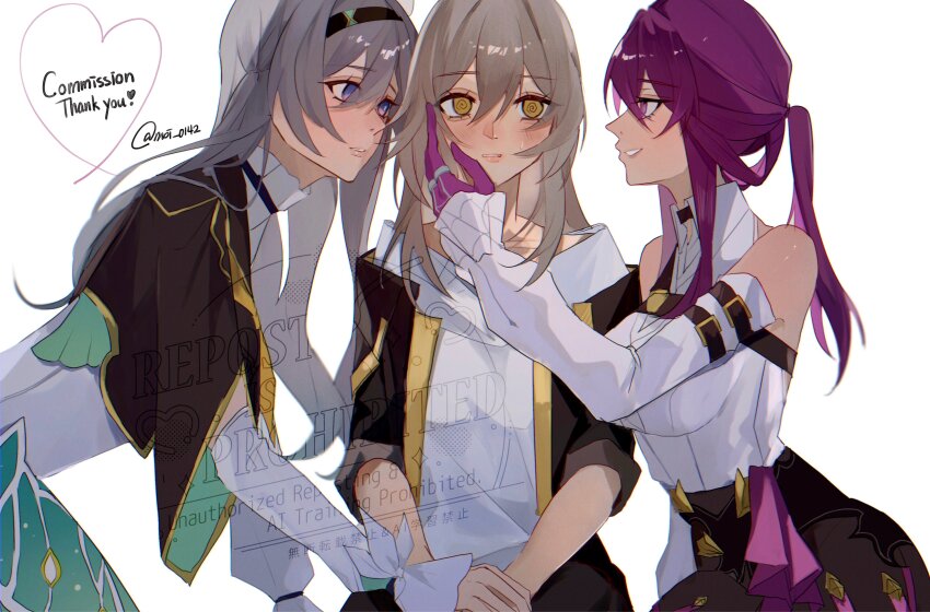 3girls @_@ absurdres black_hairband blush brown_jacket chest_harness collared_shirt commentary commission firefly_(honkai:_star_rail) grey_hair hairband hand_on_another&#039;s_face harness hashtag-only_commentary highres honkai:_star_rail honkai_(series) jacket kafka_(honkai:_star_rail) long_hair long_sleeves love_triangle multiple_girls parted_lips ponytail purple_eyes purple_hair shino_(moi_0142) shirt skeb_commission small_sweatdrop stelle_(honkai:_star_rail) thank_you trailblazer_(honkai:_star_rail) twitter_username watermark white_shirt yellow_eyes yuri