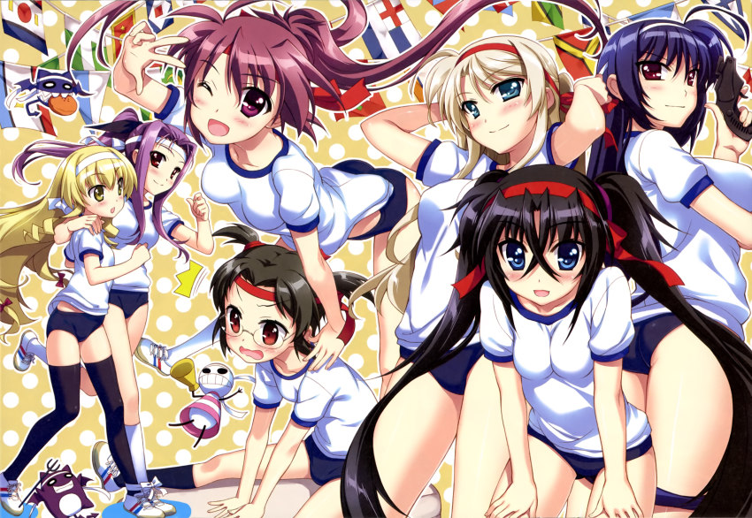 10s 5girls absurdres ass buruma els_tasmin fabia_crozelg fujima_takuya gun gym_uniform harry_tribeca highres lutecia_alpine lyrical_nanoha mahou_shoujo_lyrical_nanoha mahou_shoujo_lyrical_nanoha_vivid mikaya_chevelle multiple_girls sieglinde_eremiah thighhighs viktoria_dahlgrun weapon