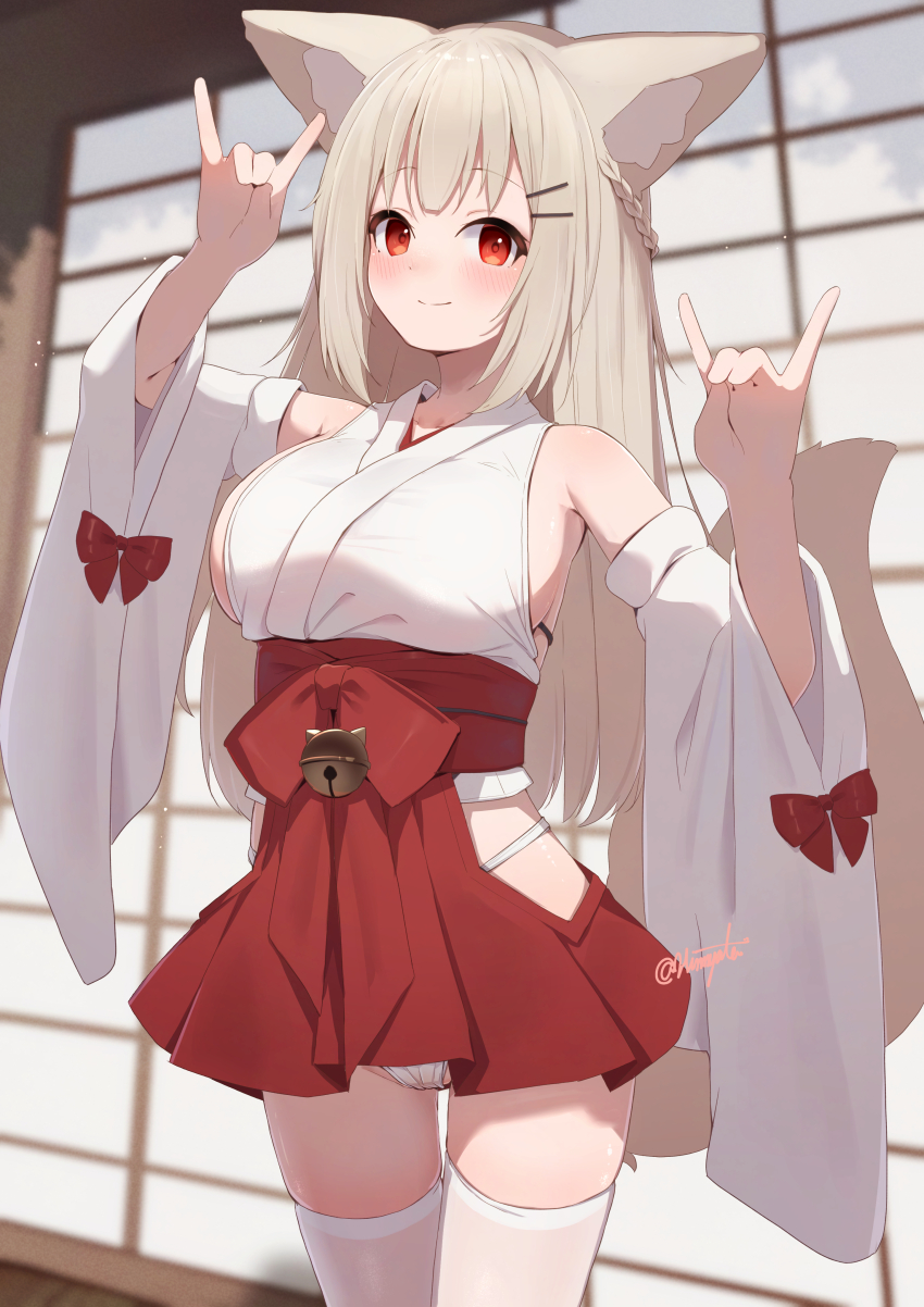 1girl absurdres animal_ears blush breasts commentary_request detached_sleeves double_fox_shadow_puppet fox_ears fox_shadow_puppet fox_tail grey_hair hakama highres hinata_(user_rjkt4745) japanese_clothes large_breasts long_hair looking_at_viewer miko original panties red_eyes red_hakama smile solo standing tail thighhighs twitter_username underwear white_panties white_sleeves white_thighhighs wide_sleeves