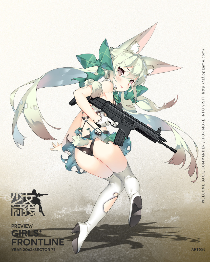&gt;:) &gt;:p 1girl :p animal_ear_fluff animal_ears art556_(girls&#039;_frontline) ass assault_rifle black_panties blush boots bow brazil brown_eyes closed_mouth female_focus floating_hair from_behind full_body girls&#039;_frontline gloves green_bow green_hair green_ribbon gun hair_between_eyes hair_bow hair_ribbon high_heel_boots high_heels highres holding holding_gun holding_weapon knees_together_feet_apart long_hair looking_at_viewer looking_back name_connection object_namesake over-kneehighs panties ribbon rifle saru shadow smile solo thigh_boots thighhighs thighs tongue tongue_out torn_clothes torn_legwear trigger_discipline twintails underwear v-shaped_eyebrows weapon white_gloves white_thighhighs