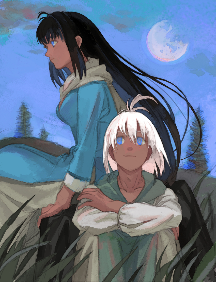 1boy 1girl black_hair blue_dress blue_eyes breasts chaos_(xenosaga) closed_mouth commentary_request crossed_arms dark-skinned_female dark-skinned_male dark_skin dress full_moon grass highres large_breasts long_hair looking_ahead machibari2 mary_magdalene_(xenosaga) moon night on_grass outdoors sitting spoilers very_long_hair white_hair xenosaga xenosaga_episode_iii