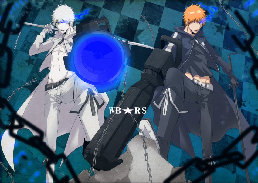 2boys belt black_footwear black_jacket black_pants black_rock_shooter_(character) black_rock_shooter_(character)_(cosplay) black_shirt bleach cape chain checkered_background cosplay glowing glowing_eye grey_cape grey_pants groin gun holding holding_gun holding_sword holding_weapon jacket kurosaki_ichigo male_focus masaki_(logic15) midriff multiple_boys navel orange_hair over_shoulder pants shirt spiked_hair standing stomach sword sword_over_shoulder weapon weapon_over_shoulder white_rock_shooter white_rock_shooter_(cosplay)