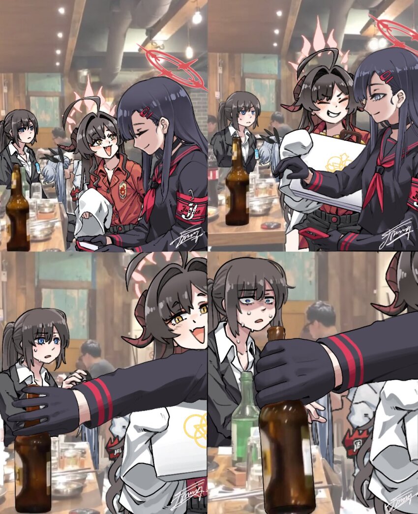 4girls 4koma alcohol antenna_hair armband beer_bottle blue_archive bottle chopsticks comic d-flag_shelter female_sensei_(blue_archive) halo highres ichika_(blue_archive) iori_(blue_archive) kasumi_(blue_archive) meme multiple_girls original photo_(medium) ponytail school_uniform sensei_(blue_archive) yoo_se-yoon_bottle_grab_(meme)