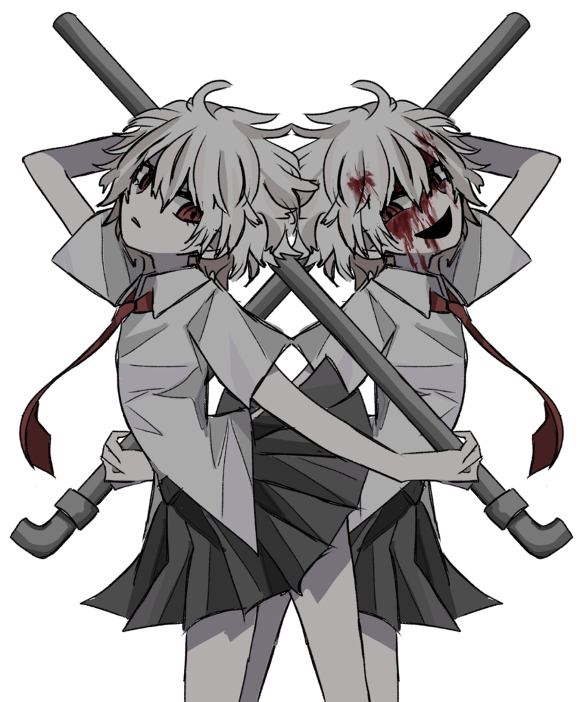 .flow 2girls arched_back black_mouth blood blood_in_hair blood_on_face club_(weapon) collared_shirt commentary_request crazy_smile dual_persona empty_eyes expressionless grey_skirt half-closed_eyes highres holding holding_behind_back holding_lead_pipe holding_weapon_behind_back industrial_pipe lead_pipe looking_at_viewer looking_to_the_side messy_hair multiple_girls necktie nosurabi pale_skin pleated_skirt red_eyes red_necktie ringed_eyes rust_(.flow) sabitsuki shirt short_hair short_sleeves simple_background skirt smile standing two-handed white_background white_hair white_shirt