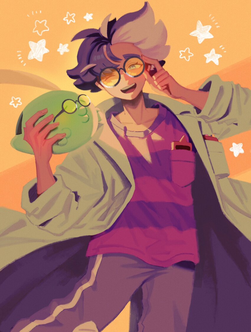 1boy adjusting_eyewear artist_request blue_eyes breast_pocket closed_eyes coat creature game_freak gen_3_pokemon gen_4_pokemon glasses gulpin hand_on_eyewear highres holding holding_creature jacq_(pokemon) lab_coat male_focus multicolored_hair nintendo notebook one_eye_closed open_mouth orange_background pants pocket pokemon pokemon_(creature) pokemon_sv purple_hair purple_pants purple_shirt rotom rotom_phone round_eyewear shirt slime_(creature) smile star_(symbol) teeth thick_eyebrows tongue two-tone_hair upper_teeth_only white_coat