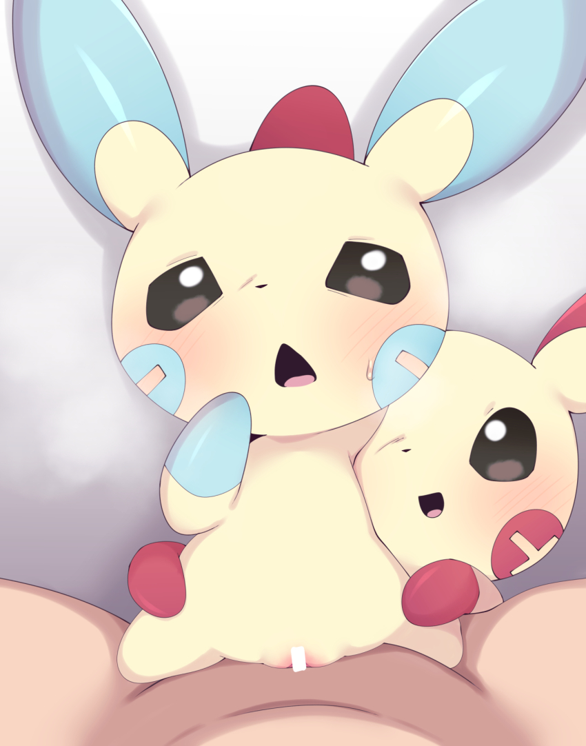 1boy 2girls animal_ears bar_censor bestiality black_eyes blush censored completely_nude furry gen_3_pokemon hetero highres looking_at_viewer minun multiple_girls nintendo nude open_mouth paid_reward_available plusle pokemon pokemon_(creature) pokephilia pussy samimitan sex size_difference spread_legs sweatdrop vaginal yellow_fur