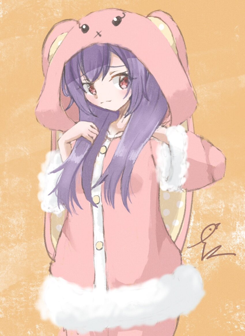 1girl animal_ears animal_hood artist_name assault_lily blush buttons closed_mouth commentary fake_animal_ears fur-trimmed_pajamas fur-trimmed_sleeves fur_trim hands_up highres hood hood_up hooded_pajamas long_hair long_sleeves looking_at_viewer matsumura_fuuka muzu_(rrlilymo) official_alternate_costume orange_background pajamas pants pink_pajamas pink_pants purple_hair rabbit_ears rabbit_hood raised_eyebrows red_eyes solo standing x_mouth