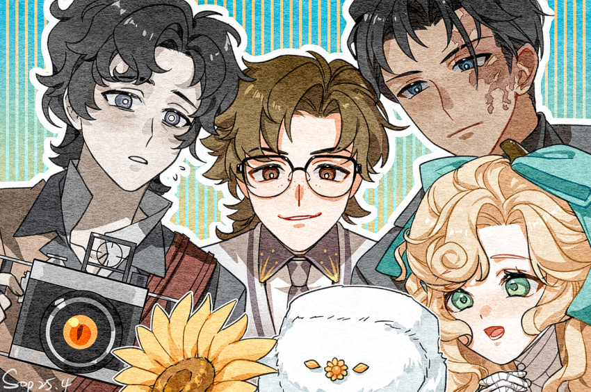 1girl 4boys :d aqua_eyes avgust_(reverse:1999) bandaged_hand bandaged_neck bandages black_hair blue_background bow bright_pupils brown_eyes brown_hair burn_scar camera click_(reverse:1999) collared_shirt flower flying_sweatdrops freckles glasses grey_eyes grey_jacket grey_vest hair_bow hat holding holding_camera horropedia j_(reverse:1999) jacket long_hair looking_at_viewer lorelei_(reverse:1999) multiple_boys open_mouth pale_skin paper_texture parted_lips reverse:1999 revision scar scar_on_face shirt short_hair smile sop_(sopdraws) striped_background sunflower upper_body ushanka vest white_hat white_pupils white_shirt yellow_flower