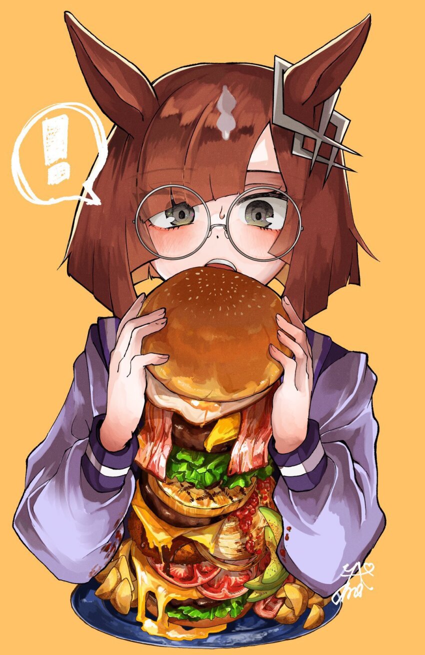 ! 1girl animal_ears brown_hair burger burger_malfunction commentary_request ear_ornament eating food glasses grey_eyes hands_up highres holding holding_burger holding_food horse_ears horse_girl ikuno_dictus_(umamusume) long_sleeves open_mouth purple_sailor_collar purple_shirt round_eyewear sailor_collar school_uniform shirt short_hair solo spoken_exclamation_mark tracen_school_uniform umamusume upper_body yamada_fgm yellow_background
