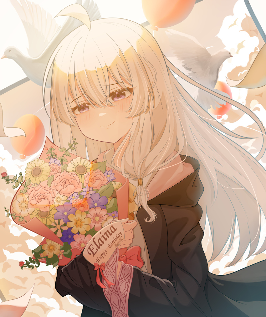 1girl absurdres ahoge airtair bird black_robe bloom blurry blush bouquet bow bowtie character_name closed_mouth depth_of_field dove elaina_(majo_no_tabitabi) eyebrows_hidden_by_hair flat_chest flower hair_between_eyes happy_birthday highres holding holding_bouquet light_smile long_hair majo_no_tabitabi purple_eyes red_bow red_bowtie robe shirt solo upper_body white_hair white_shirt
