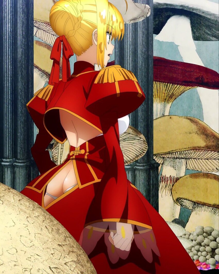 1girl ass ass_cutout ass_focus backless_dress backless_outfit blonde_hair bow braid breasts butt_crack clothing_cutout dress epaulettes fate/extella fate/extella_link fate/extra fate/extra_ccc fate/extra_last_encore fate_(series) female_focus from_behind from_side green_eyes hair_bow hair_bun hair_ribbon highres large_breasts long_hair long_skirt long_sleeves nero_claudius_(fate) nero_claudius_(fate/extra) no_bra open_mouth panties puffy_long_sleeves puffy_sleeves red_bow red_dress red_ribbon red_skirt ribbon see-through_clothes see-through_sleeves sexually_suggestive single_hair_bun skirt solo solo_focus type-moon underwear white_panties