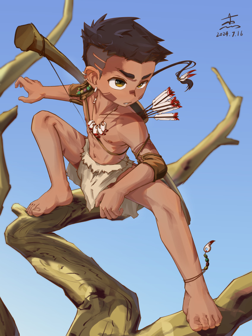 1boy arrow_(projectile) blue_sky bow branch clamjiejiejie earrings jewelry loincloth male_focus necklace original short_hair signature sky solo undercut