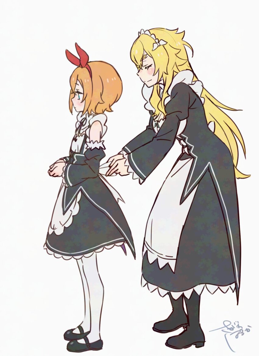 2girls apron black_boots black_shoes blonde_hair blue_eyes boots bow_hairband breasts cleavage closed_eyes expressionless frederica_baumann full_body grey_background hairband highres long_hair maid_headdress mary_janes multiple_girls orange_hair own_hands_together pantyhose petra_leyte re:zero_kara_hajimeru_isekai_seikatsu red_hairband roswaal_mansion_maid_uniform sagawa_haruka shoes short_hair signature simple_background smile tying_apron