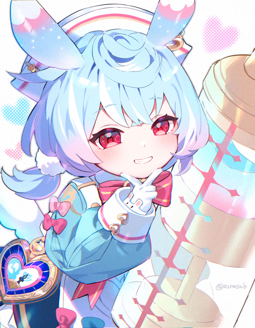 1girl animal_ears apron aqua_bow aqua_shirt artist_name azna blue_hair blush bow bowtie broken_heart commentary_request crossed_bangs genshin_impact gloves gradient_hair grin hair_between_eyes hair_ornament hand_up hat heart highres holding holding_syringe large_syringe long_sleeves looking_at_viewer low_twintails medium_hair multicolored_hair nurse_cap oversized_object pink_bow pom_pom_(clothes) pom_pom_hair_ornament puffy_long_sleeves puffy_sleeves purple_hair red_bow red_bowtie red_eyes shirt sidelocks sigewinne_(genshin_impact) simple_background sleeve_cuffs smile solo syringe teeth twintails twitter_username v white_apron white_background white_gloves white_hat