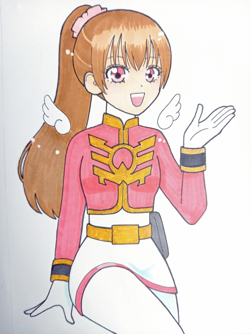 1girl absurdres angel angel_wings bodysuit brown_hair eri_(goseiger) gloves gosei_pink highres kwai_chi long_hair looking_at_viewer no_headwear no_headwear no_mask open_mouth pink_bodysuit pink_eyes ponytail sitting skirt smile super_sentai teeth tensou_sentai_goseiger white_background white_gloves wings