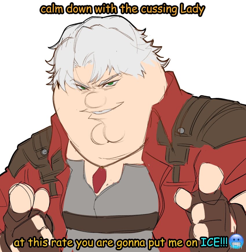 1boy black_gloves blue_eyes cleft_chin coat commentary cosplay dante_(devil_may_cry) dante_(devil_may_cry)_(cosplay) devil_may_cry_(series) emoji english_commentary english_text family_guy fat fat_man fingerless_gloves gloves grey_hair grey_shirt grin highres jewelry kowai_(iamkowai) looking_at_viewer male_focus necklace peter_griffin pointing pointing_at_viewer red_coat shirt short_hair simple_background smile solo very_short_hair white_background