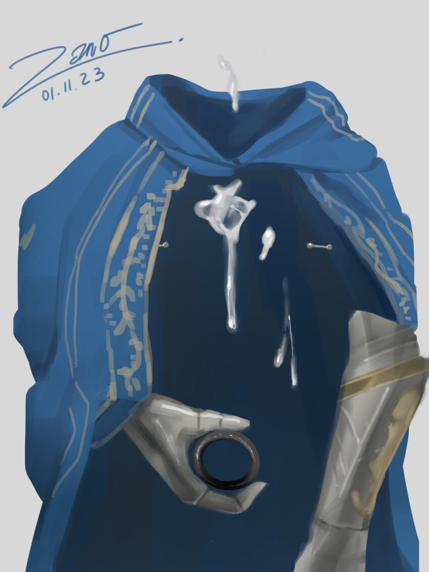 1boy a_knight_(reverse:1999) blue_cape cape cock_ring commentary cum cum_on_body dated english_commentary facial floating_cape gauntlets hand_on_own_penis highres invisible looking_at_viewer male_focus reverse:1999 sex_toy shin_0z signature white_background