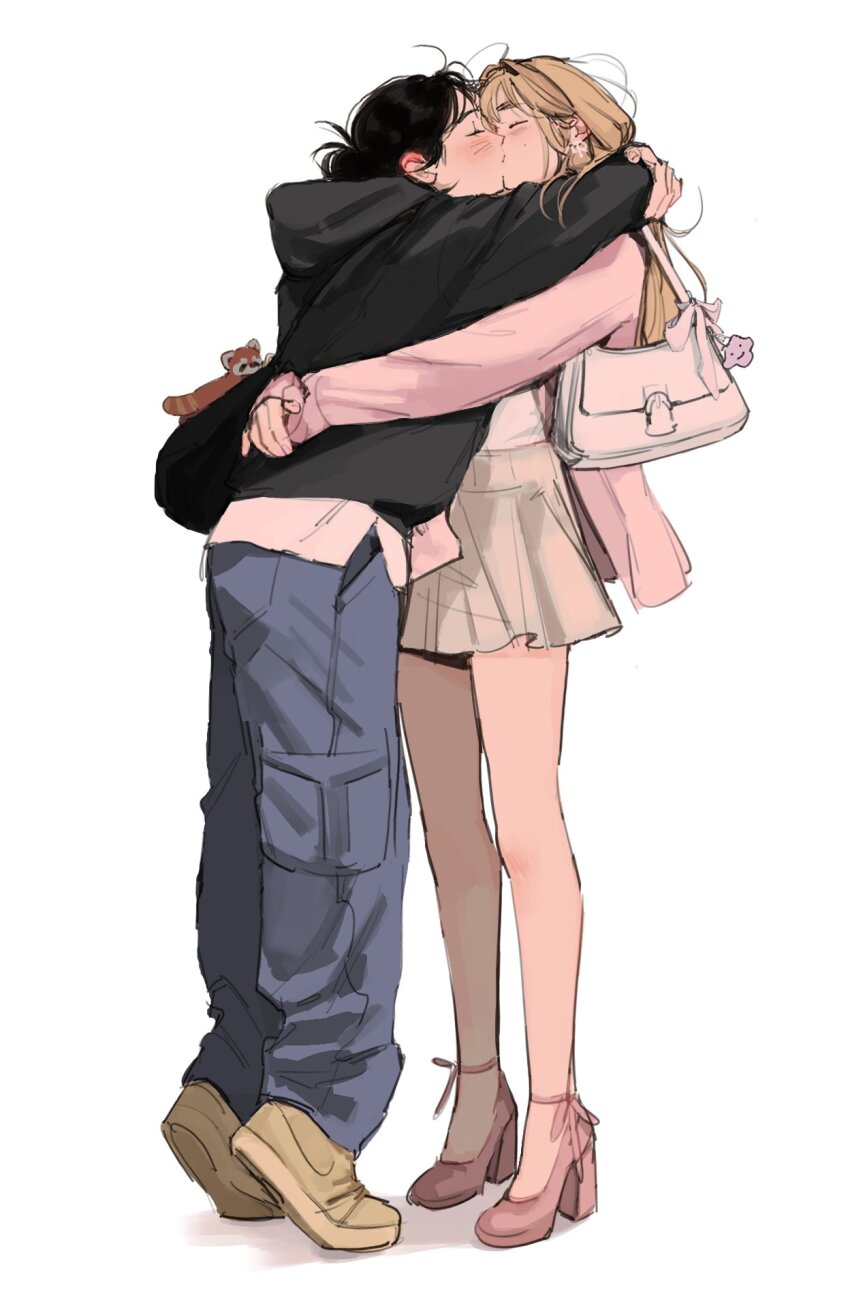 2girls bag black_hair black_hoodie blue_pants blush brown_footwear brown_hair closed_eyes commentary_request genderswap genderswap_(mtf) grey_skirt handbag haotmeal high_heels highres hood hoodie jacket k-pop kiss korean_commentary long_hair long_sleeves multiple_girls pants pink_jacket pink_shoes real_life red_panda shirt shoes simple_background skirt sung_han-bin tiptoes white_background white_shirt yuri zerobaseone zhang_hao