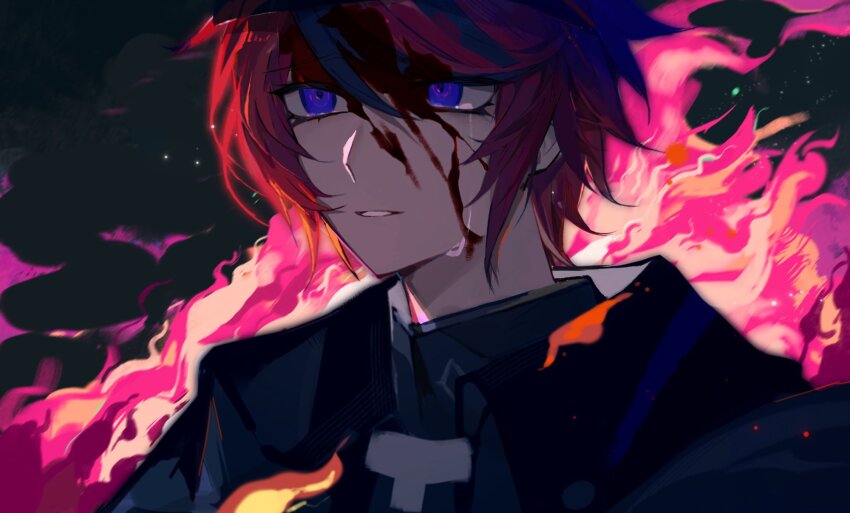 1boy black_jacket black_streaks blood blood_in_hair blood_on_face blue_eyes crying crying_with_eyes_open hashtag-only_commentary highres jacket kukirpg_457 last_defense_academy_school_uniform looking_ahead male_focus multicolored_hair parted_lips portrait red_hair school_uniform short_hair solo streaked_hair sumino_takumi tears the_hundred_line_-last_defense_academy-