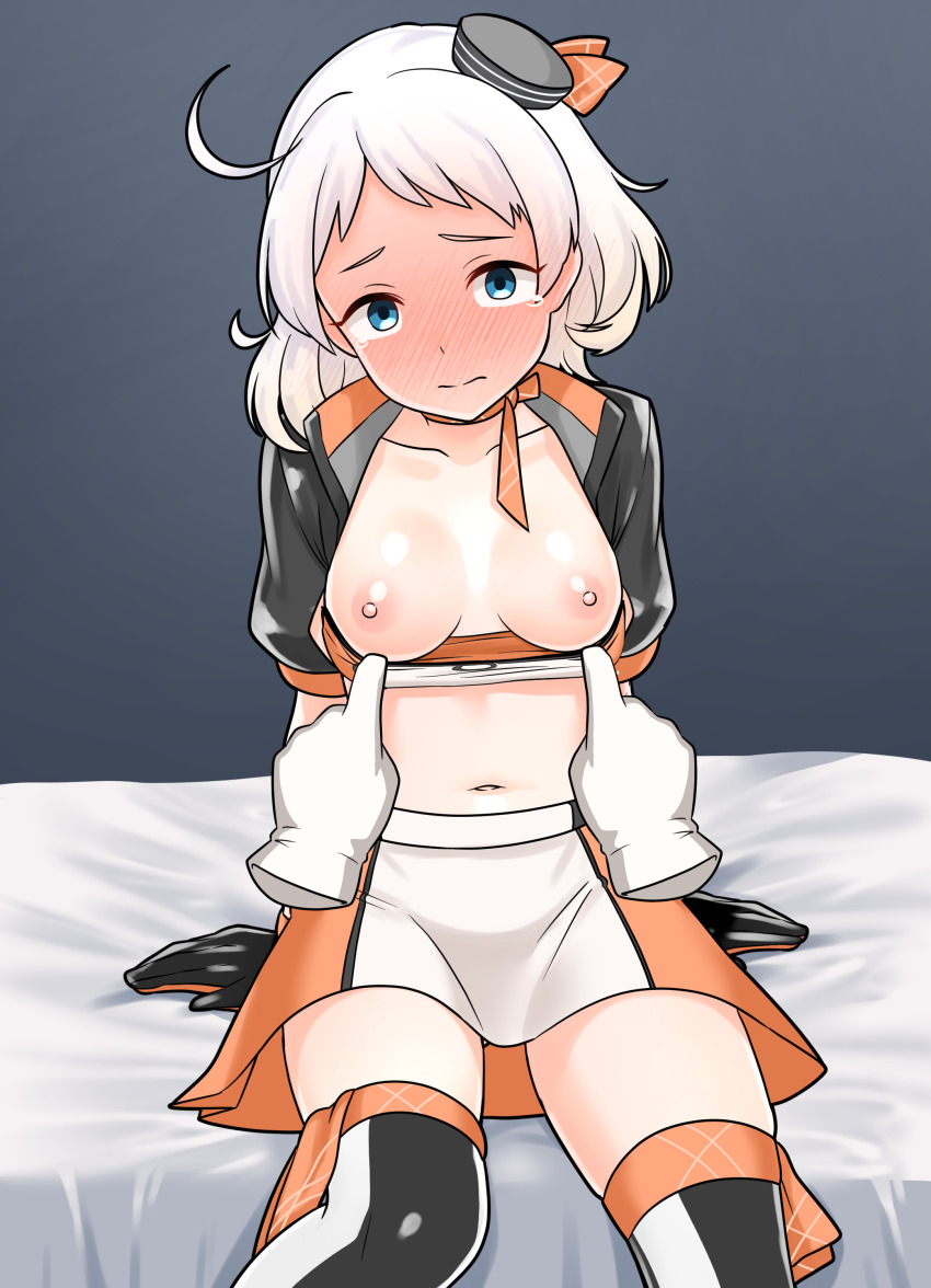 1girl absurdres bed_sheet black_hat blue_eyes blush breasts disembodied_hand embarrassed full-face_blush furaggu_(frag_0416) grey_background hat highres kantai_collection looking_at_viewer medium_breasts mini_hat multicolored_thighhighs natsugumo_(kancolle) navel nipples on_bed orange_skirt orange_tube_top race_queen short_hair sitting skirt solo stomach strapless thighs tube_top two-tone_skirt two-tone_tube_top variant_set white_hair white_skirt white_tube_top