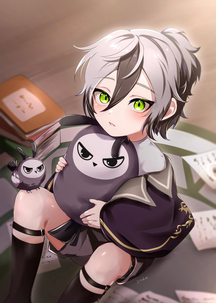 1boy absurdres aged_down alternate_costume bird bird_on_lap book book_stack brown_hair character_doll hugging_doll father_(nu_carnival) gem green_eyes grey_hair highres indoors long_hair long_sleeves looking_at_viewer male_focus mole mole_under_mouth multicolored_hair nu_carnival hugging_object owl paper parted_lips rei_(nu_carnival) short_hair sitting streaked_hair stuffed_owl yadome810