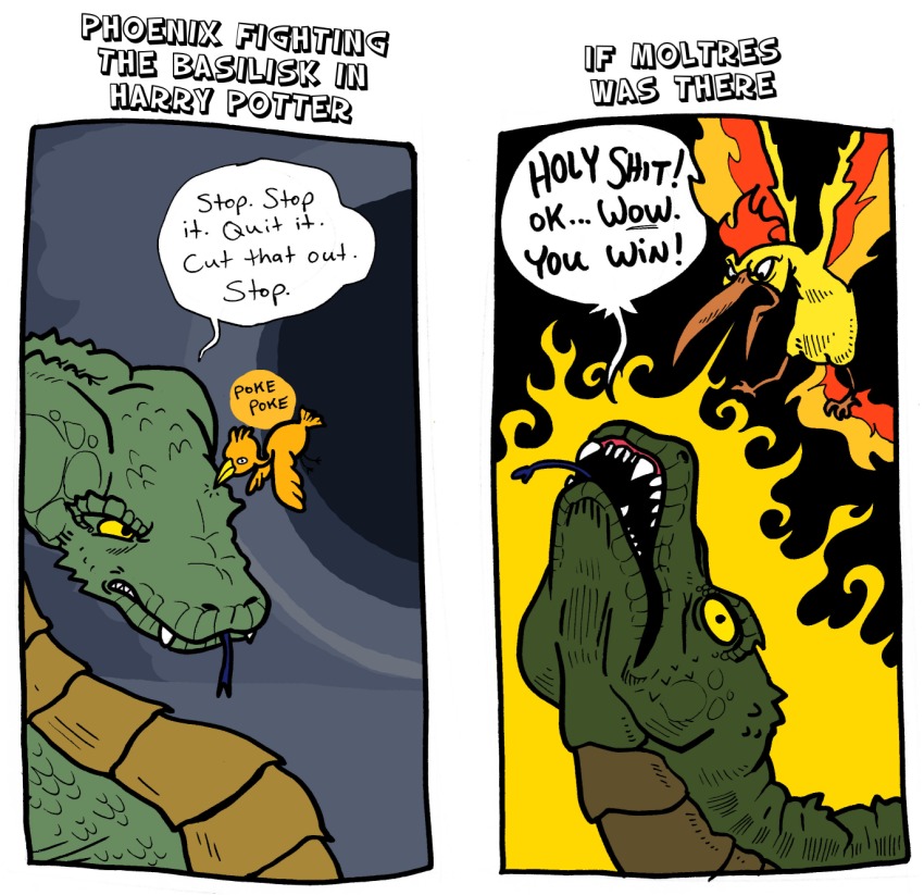 2koma alternate_universe angry basilisk bird breath_weapon breathing_fire comic creature crossover english_text fiery_tail fiery_wings fire flying gen_1_pokemon harry_potter_(series) highres jhall legendary_pokemon moltres nintendo no_humans pecking phoenix pokemon pokemon_(creature) profanity sharp_teeth snake speech_bubble tail teeth tongue tongue_out wings wizarding_world yellow_eyes