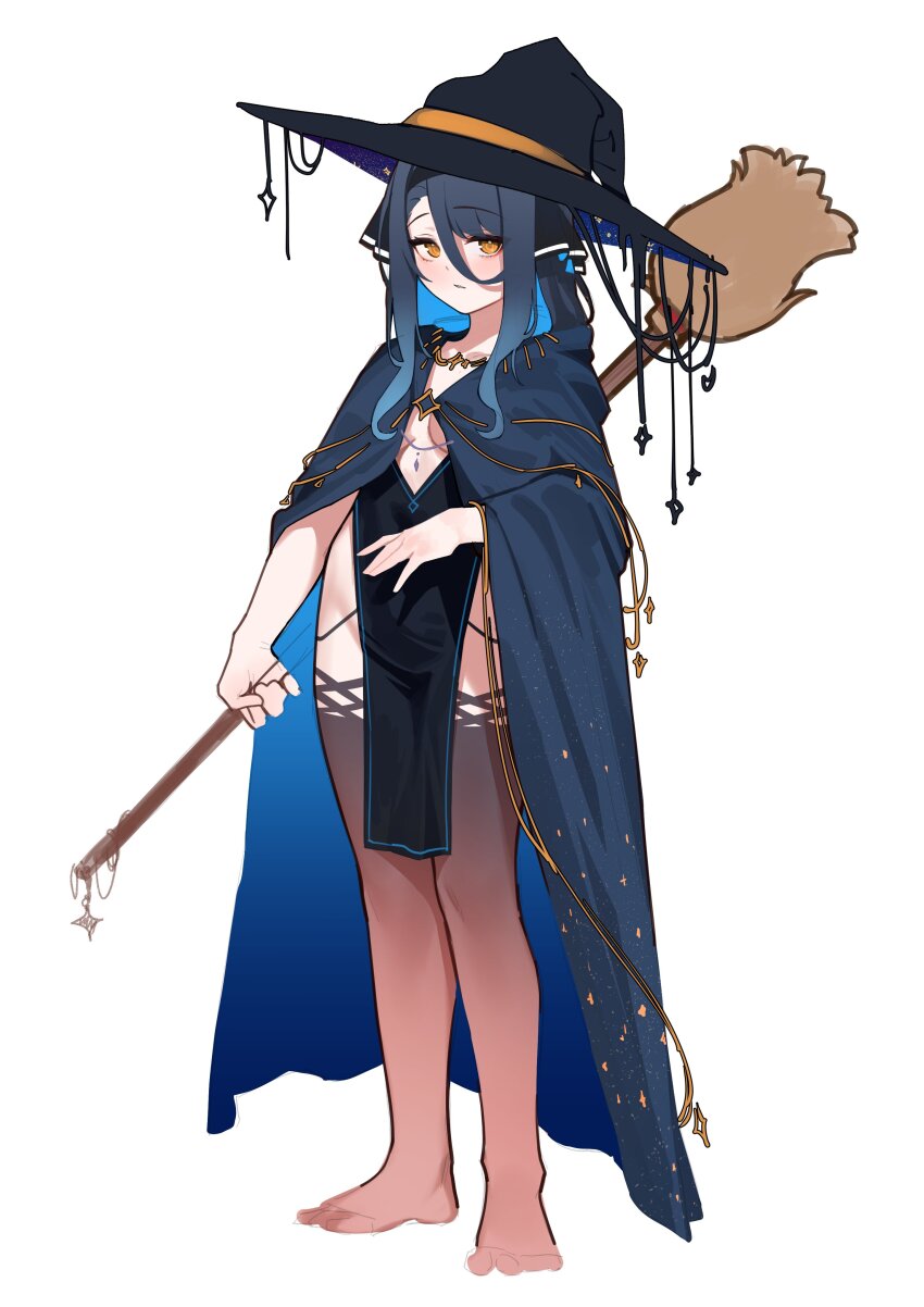 1girl absurdres alternate_costume black_dress black_hat blue_cloak blue_hair broom brown_thighhighs cloak commentary_request dress full_body gangzi_(vtuber) gradient_legwear hat highres holding holding_broom korean_commentary long_hair looking_at_viewer pelvic_curtain sangobob solo standing stellive thighhighs virtual_youtuber witch_hat