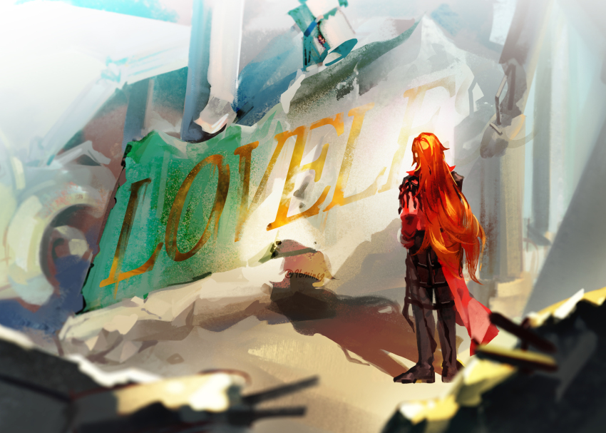 1boy 96min69 belt brown_hair coat dirge_of_cerberus_final_fantasy_vii final_fantasy final_fantasy_vii from_behind full_body genesis_rhapsodos hand_on_own_hip highres long_coat long_hair male_focus multiple_belts outdoors pants red_coat rubble
