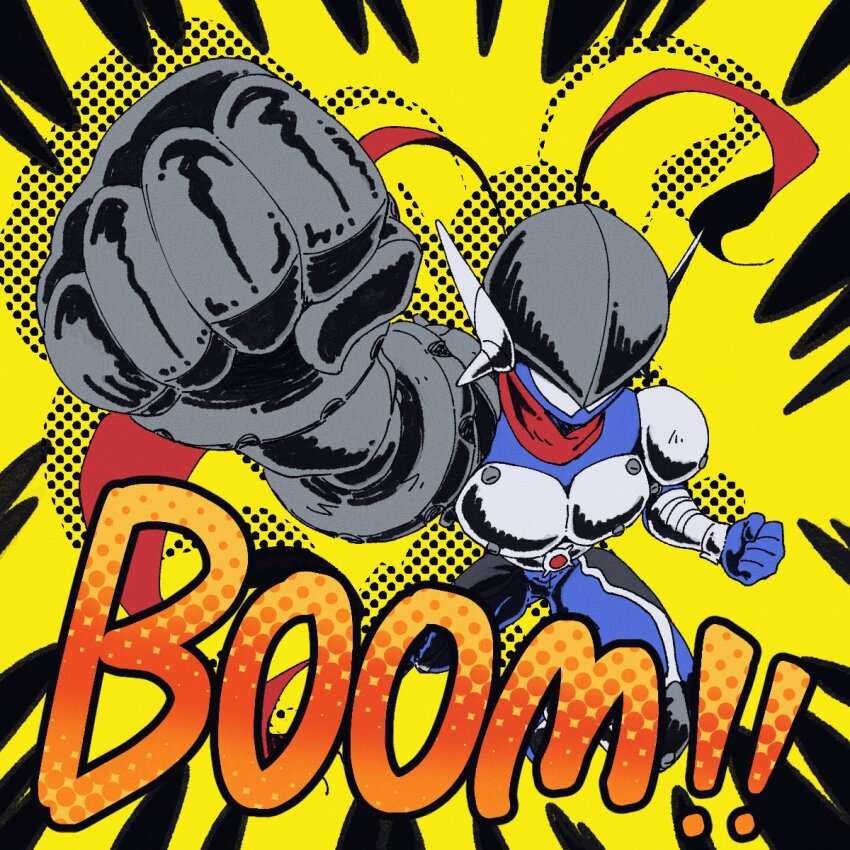 1boy blue_bodysuit bodysuit clenched_hands digimon digimon_(creature) full_body highres hoisotsu01 justimon male_focus mechanical_arms simple_background single_mechanical_arm solo sound_effects yellow_background