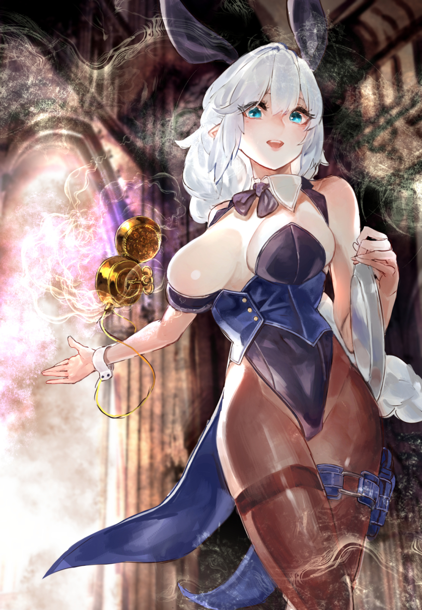 1girl :d animal_ears blue_eyes breasts brown_pantyhose covered_navel fake_animal_ears female_focus highres leotard long_hair looking_at_viewer open_mouth original pantyhose playboy_bunny rabbit_ears signo_aaa silver_hair smile solo tray walrus