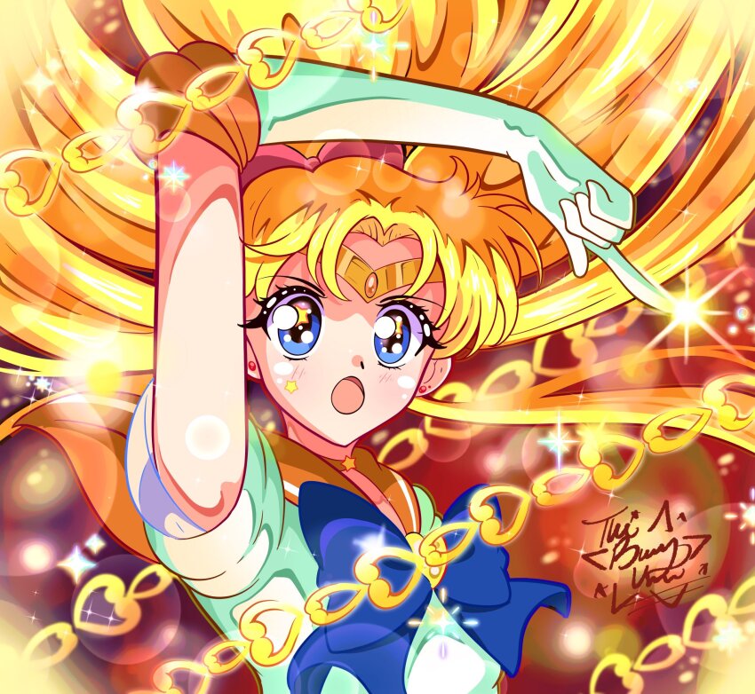 1girl aino_minako bishoujo_senshi_sailor_moon blonde_hair blue_eyes bow choker elbow_gloves gloves happynaru23 highres long_hair magical_girl orange_choker orange_sailor_collar sailor_collar sailor_senshi_uniform sailor_venus skirt solo venus_love_me_chain white_gloves