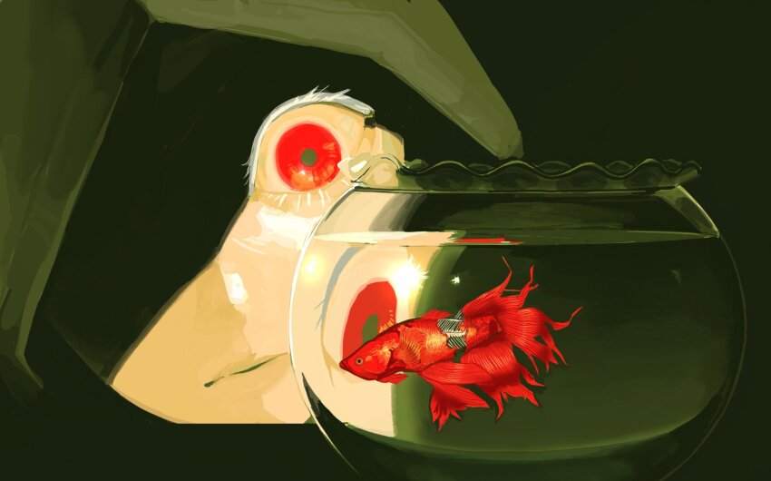 1girl burnoutmylif3 closed_mouth colored_eyelashes fish fishbowl goldfish heroine_(homicipher) highres homicipher hood hood_up looking_at_animal red_eyes shaded_face solo