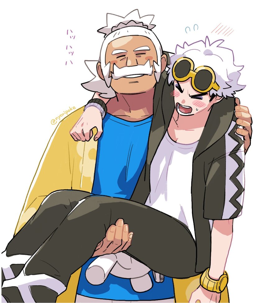 2boys arm_around_neck black_jacket blue_shirt blush_stickers carrying closed_eyes commentary_request facial_hair flying_sweatdrops guzma_(pokemon) hala_(pokemon) highres hood hood_down hooded_jacket jacket male_focus multiple_boys mustache nintendo nyoripoke open_mouth pants pokemon pokemon_sm shirt short_hair sunglasses sweatdrop teeth watch white_hair white_shirt wristwatch yellow-framed_eyewear yellow_jacket