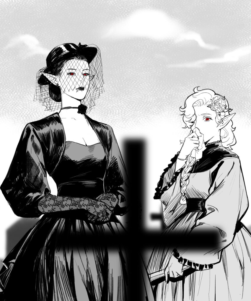 2girls astarion baldur&#039;s_gate baldur&#039;s_gate_3 black_hair black_lips breasts cazador_szarr choker cleavage cross dress dungeons_&amp;_dragons dungeons_&amp;_dragons genderswap genderswap_(mtf) gown hair_bun handkerchief hat highres ichijo_(cyxxx123) long_sleeves medium_hair multiple_girls outdoors red_eyes sky spot_color tombstone wavy_hair white_hair