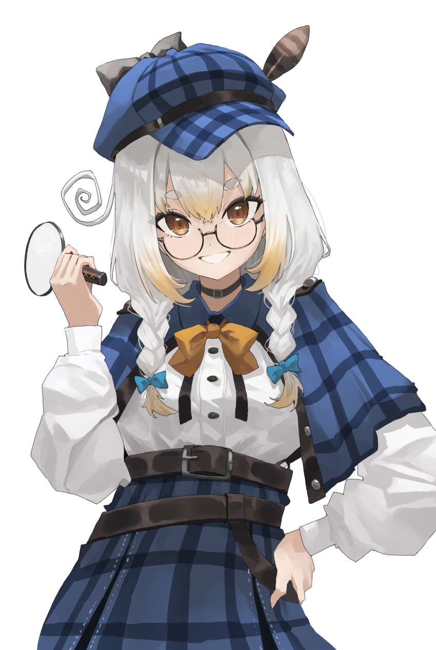 1girl absurdres art_mu belt black_belt black_bow black_choker blue_bow blue_capelet blue_hat blue_skirt bow bowtie braid brown_eyes brown_hair newsboy_cap capelet choker commission detective grey_hair grin hair_bow hand_on_own_hip hand_up hat hat_bow hat_feather high-waist_skirt highres holding holding_magnifying_glass kanna_yanagi long_hair long_sleeves looking_at_viewer magnifying_glass multicolored_hair pixellink plaid_capelet plaid_clothes plaid_hat plaid_skirt puffy_long_sleeves puffy_sleeves shirt simple_background skeb_commission skirt smile solo twin_braids two-tone_hair upper_body virtual_youtuber white_background white_shirt yellow_bow yellow_bowtie
