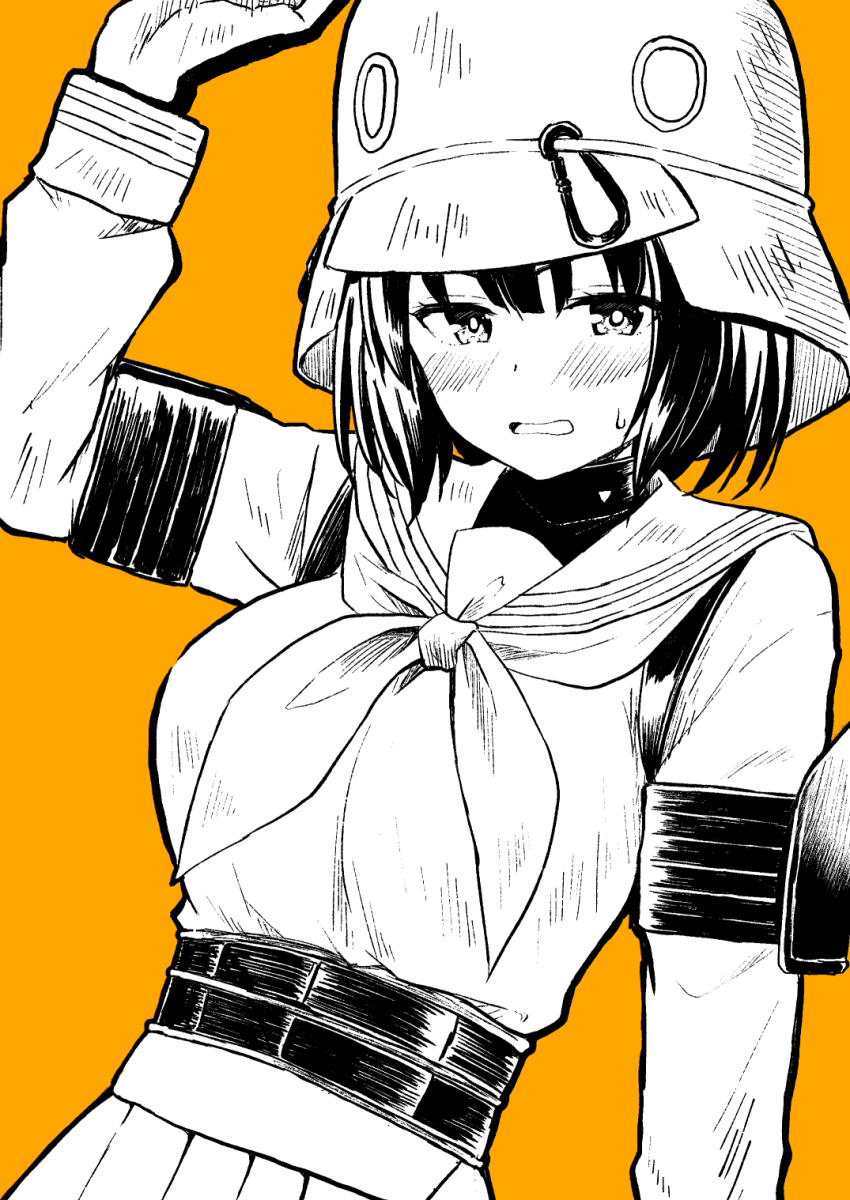 1girl akane_souichi arm_up armband blue_archive blush breasts bright_pupils buckle carabiner combat_helmet commentary_request dot_nose dutch_angle embarrassed greyscale_with_colored_background hair_between_eyes helmet highres large_breasts long_sleeves looking_at_viewer medium_hair neckerchief open_mouth orange_background partially_colored pleated_skirt sailor_collar saki_(blue_archive) school_uniform serafuku shirt sidelocks simple_background skirt solo standing sweatdrop tactical_school_uniform upper_body wavy_mouth