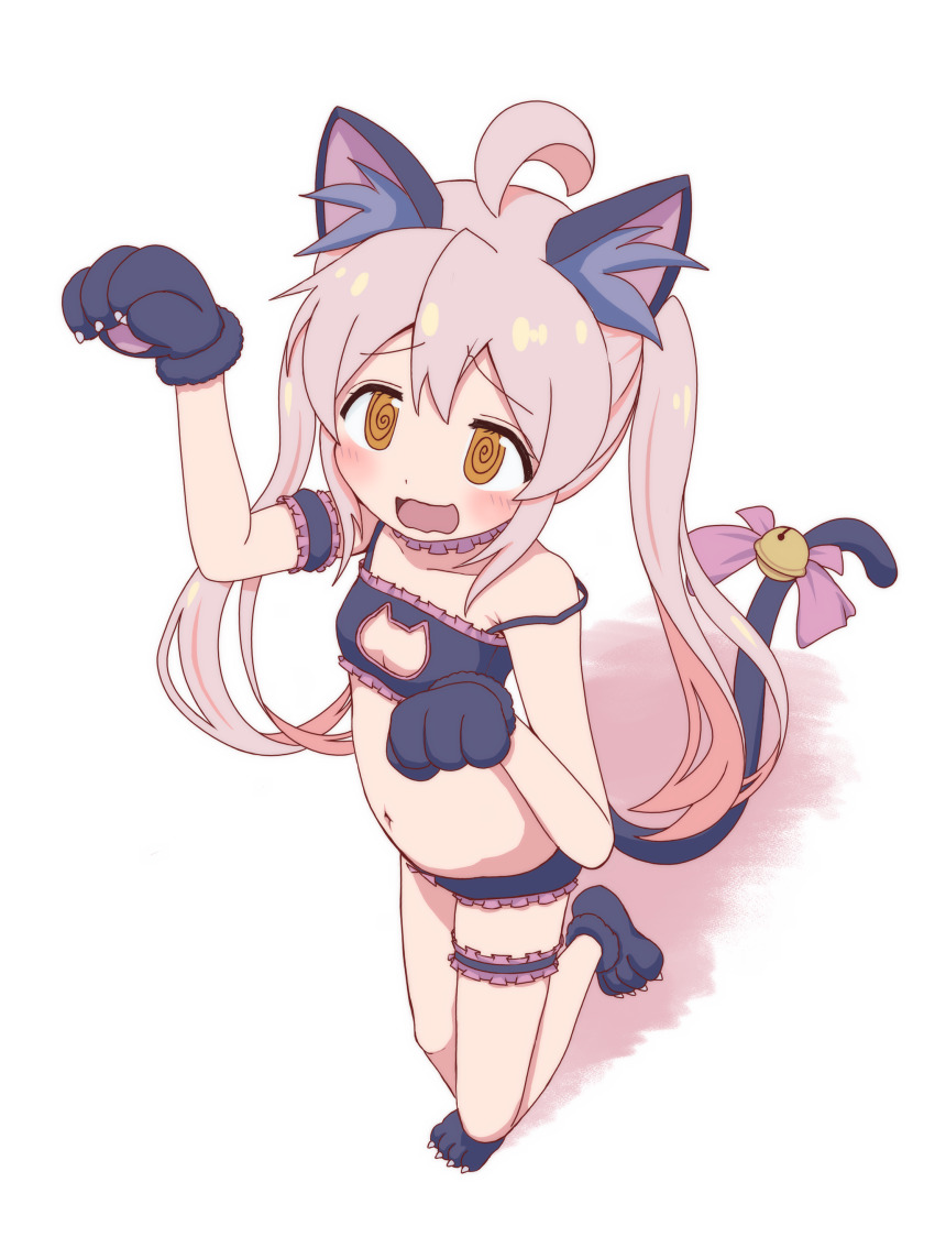 1girl @_@ absurdres ahoge animal_ear_fluff animal_ears armband bell black_armband black_bra black_gloves black_panties black_shoes black_tail blush bra breasts cat_cutout cat_ears cat_lingerie cat_tail choker cleavage_cutout clothing_cutout embarrassed frilled_armband frilled_bra frilled_choker frilled_panties frilled_thigh_strap frills from_above full_body furrowed_brow gloves hair_between_eyes hands_up highres jingle_bell leg_up long_hair looking_up meme_attire mugisepa navel onii-chan_wa_oshimai! open_mouth oyama_mahiro panties paw_gloves paw_pose paw_shoes pink_hair pink_trim shoes simple_background small_breasts smile solo spaghetti_strap standing standing_on_one_leg strap_slip tail tail_bell tail_ornament thigh_strap twintails underwear wavy_mouth white_background yellow_eyes