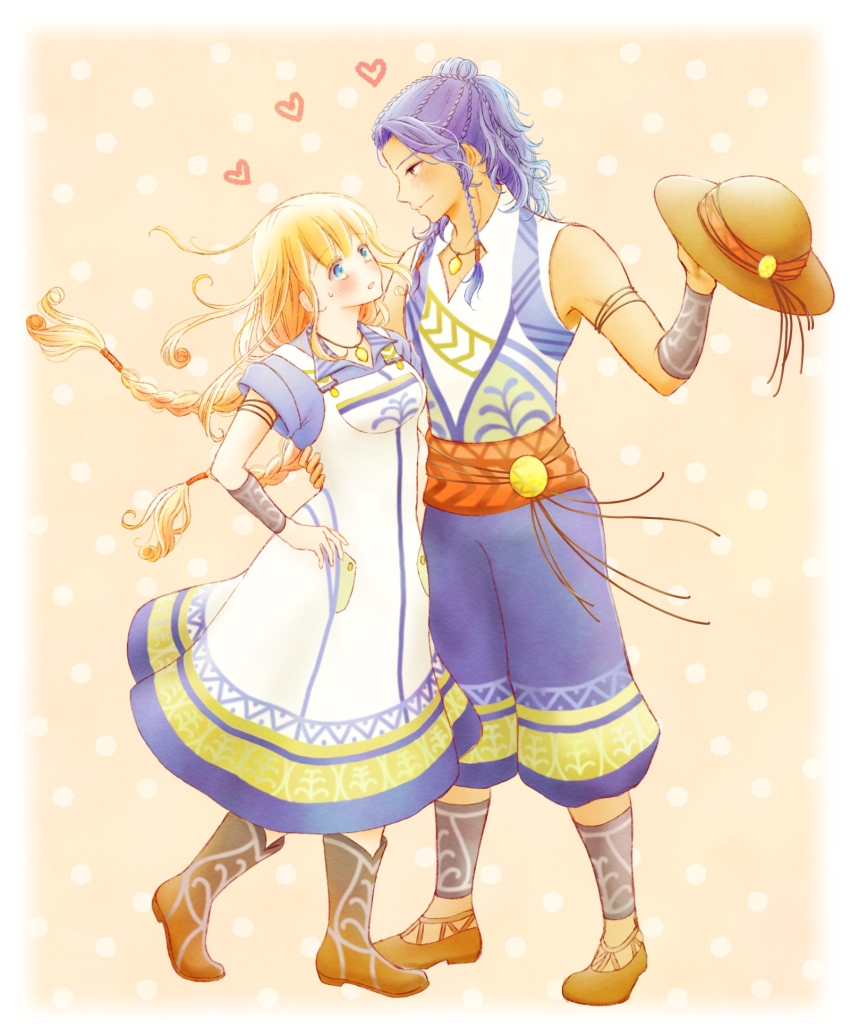 1boy 1girl adam&#039;s_apple alternate_costume armlet azu_rin_go blonde_hair blue_eyes blue_hair blue_pants blue_shirt blush bokujou_monogatari bokujou_monogatari:_mittsu_no_sato_no_taisetsuna_tomodachi boots border braid brown_shoes closed_mouth collared_shirt cowboy_boots curly_hair dark-skinned_male dark_skin floating_hair full_body grey_bracelet hair_bun half_updo hat heart highres holding holding_unworn_clothes holding_unworn_hat jewelry long_hair looking_at_another low_twin_braids ludus_(bokujou_monogatari) medium_hair nanami_(bokujou_monogatari) necklace open_mouth orange_background orange_eyes overall_skirt overalls pants patterned_clothing polka_dot polka_dot_background raised_eyebrows sandals scarf_belt shirt shoes short_sleeves side_braids single_hair_bun sleeveless_tunic sleeves_rolled_up standing sun_hat sweatdrop tunic twin_braids unworn_hat unworn_headwear very_long_hair white_border white_overalls white_tunic