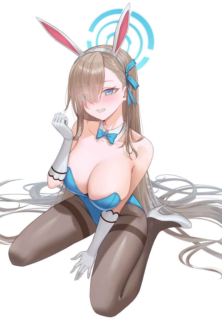 1girl absurdres animal_ear_hairband animal_ears asuna_(blue_archive) asuna_(bunny)_(blue_archive) bare_shoulders blonde_hair blue_archive blue_bow blue_bowtie blue_eyes blue_halo blue_leotard blush bow bowtie breasts cleavage collarbone commentary detached_collar fake_animal_ears gloves grin hair_over_one_eye hair_ribbon hairband halo high_heels highleg highleg_leotard highres kibellin large_breasts leotard long_hair looking_at_viewer pantyhose rabbit_ear_hairband rabbit_ears ribbon shoes sitting smile solo strapless strapless_leotard symbol-only_commentary thighband_pantyhose very_long_hair white_gloves white_shoes