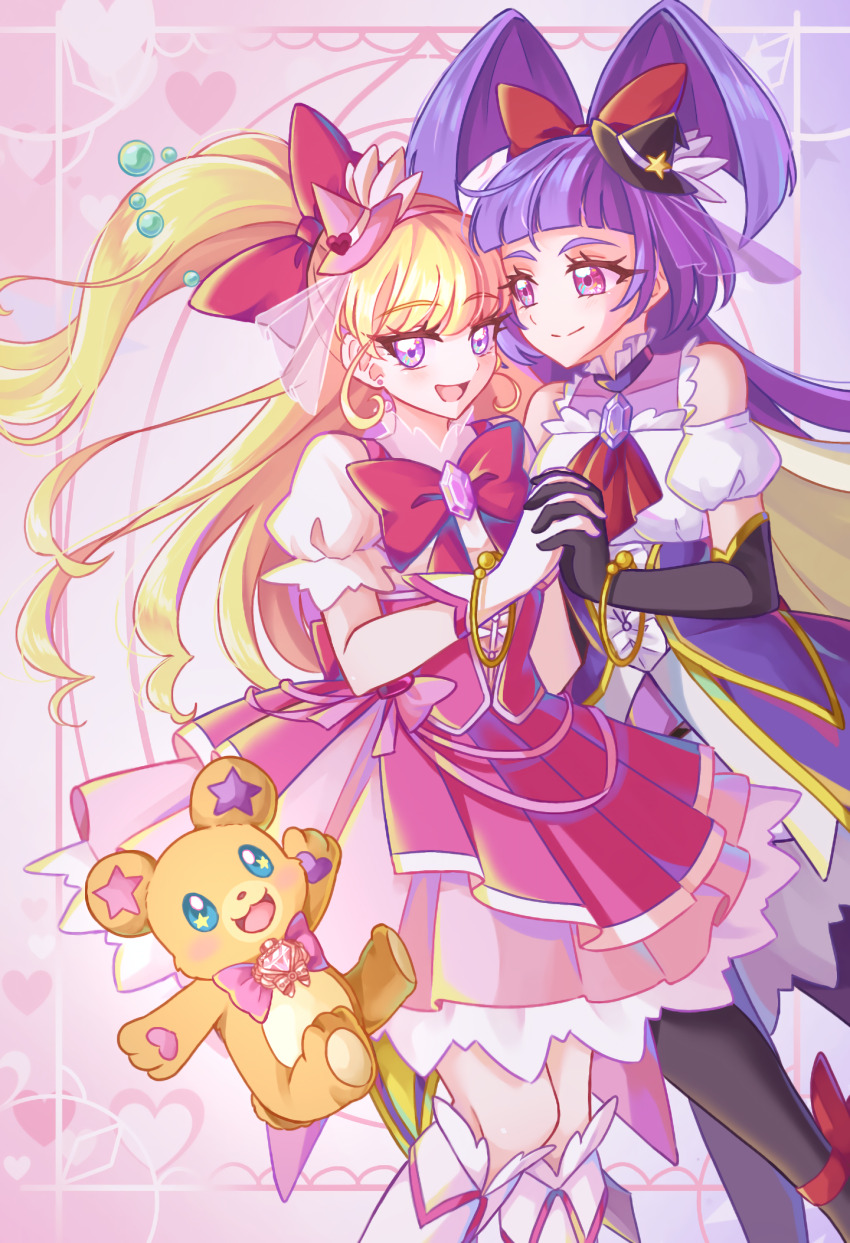 2girls asahina_mirai black_gloves black_hat black_thighhighs blonde_hair blue_eyes blush bow bowtie brooch closed_mouth cure_magical cure_miracle detached_sleeves dress earrings elbow_gloves fairy gloves hair_bow hairband hat holding_hands izayoi_liko jewelry kneehighs long_hair magical_girl mahou_girls_precure! mahou_girls_precure!!_mirai_days mito_(fate) mofurun_(mahou_girls_precure!) multiple_girls one_side_up open_mouth pink_bow pink_bowtie pink_eyes pink_hairband pink_hat precure puffy_detached_sleeves puffy_short_sleeves puffy_sleeves purple_eyes purple_hair red_bow short_sleeves smile socks star-shaped_pupils star_(symbol) stuffed_animal stuffed_toy symbol-shaped_pupils teddy_bear thighhighs two-tone_dress white_gloves white_socks witch_hat