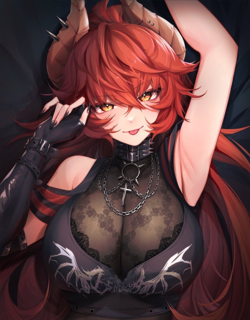 1girl arm_up armpits bare_shoulders bed_sheet belt black_belt black_collar black_gloves black_nails black_shirt breasts chain chain_necklace cleavage clothing_cutout collar commentary crop_top cross cross_necklace crossed_bangs dragon_girl dragon_horns elbow_gloves english_commentary fingerless_gloves gloves hair_between_eyes highres horns jewelry lace large_breasts light_blush long_hair looking_at_viewer lying nail_polish necklace on_back red_hair see-through_cleavage see-through_clothes shirt shoulder_cutout single_elbow_glove single_glove solo spiked_collar spikes tongue tongue_out upper_body virtual_youtuber vshojo yellow_eyes yoclesh zentreya zentreya_(dragon) zentreya_(dragon)_(metalheads) zentreya_(dragon)_(metalheads)