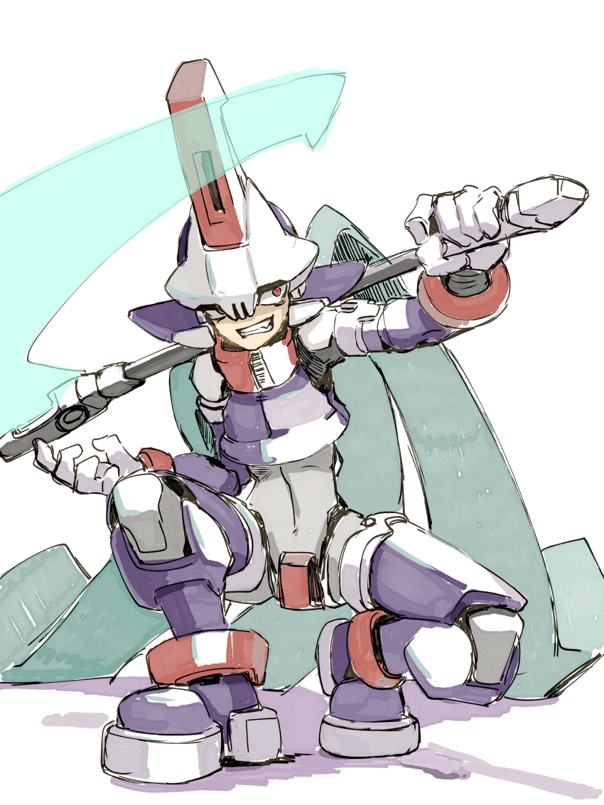 1boy absurdres aqua_hair armor crotch_plate energy_blade fins full_body head_fins helmet highres holding holding_scythe long_hair male_focus mega_man_(series) mega_man_zx model_w_(mega_man) omochi_(mochi_skymega) power_armor prometheus_(mega_man) purple_armor purple_helmet red_eyes scythe simple_background sketch skull-shaped_hat smirk solo teeth white_background white_helmet