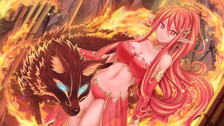 1girl bad_arm breasts cleavage colored_skin crystalline detached_sleeves dutch_angle familiar fire fire_spirit_(crystalline) fox gorget hair_ornament hairclip harem_outfit highres impossible_clothes large_breasts long_hair midriff navel pink_hair pink_skin pointy_ears ponytail red_eyes red_hair see-through_clothes sidelocks smile sunimu underbust very_long_hair