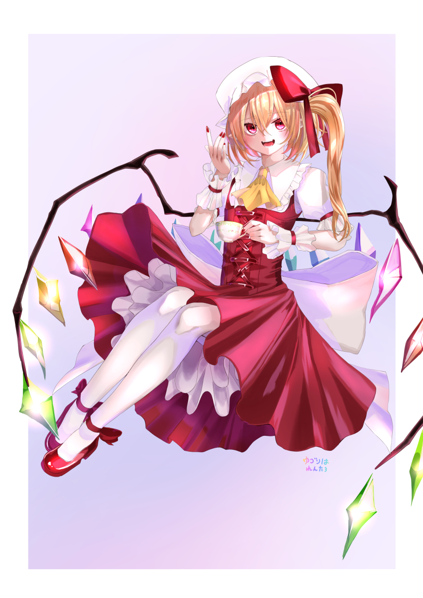 1girl absurdres ascot blonde_hair crystal crystal_wings cup embodiment_of_scarlet_devil flandre_scarlet full_body hat hat_ribbon highres holding holding_cup kurotypev mary_janes mob_cap pantyhose puffy_sleeves red_eyes red_nails red_ribbon red_skirt ribbon shoes short_sleeves side_ponytail skirt solo teacup touhou white_pantyhose wings wrist_cuffs