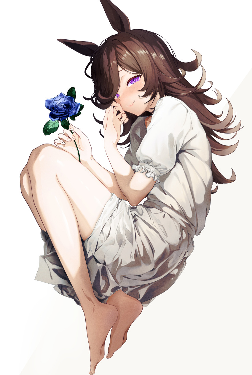 1girl absurdres animal_ears barefoot blue_flower blue_rose blush brown_hair closed_mouth commentary_request dress fetal_position fingernails flower full_body fuwamozzi highres holding holding_flower horse_ears horse_girl looking_at_viewer lying no_tail on_side puffy_short_sleeves puffy_sleeves purple_eyes rice_shower_(umamusume) rose short_sleeves simple_background smile solo umamusume white_background white_dress