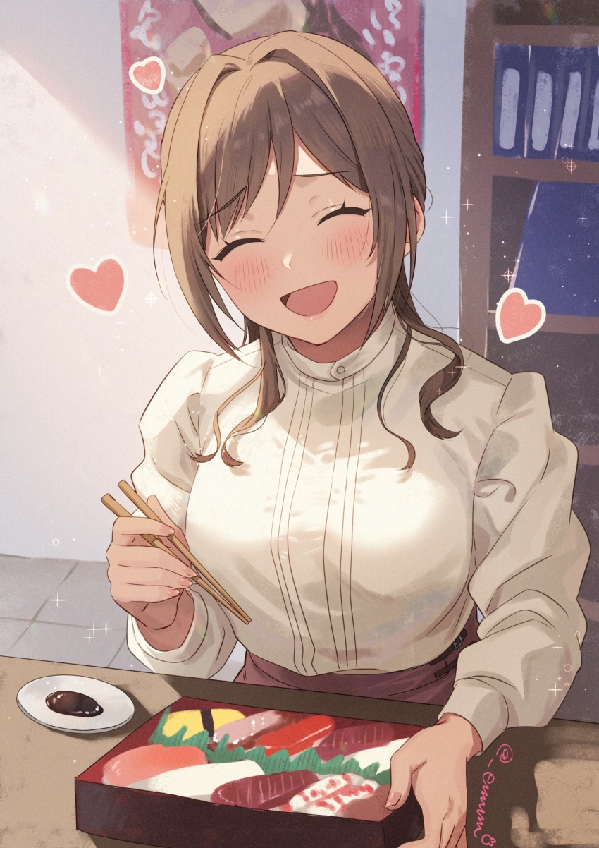 1girl ^_^ blush bromide brown_hair chopsticks closed_eyes commentary emu_(emum) facing_viewer food gakuen_idolmaster heart highres himesaki_rinami idolmaster indoors long_sleeves shirt sitting smile solo soy_sauce sushi symbol-only_commentary twitter_username white_shirt