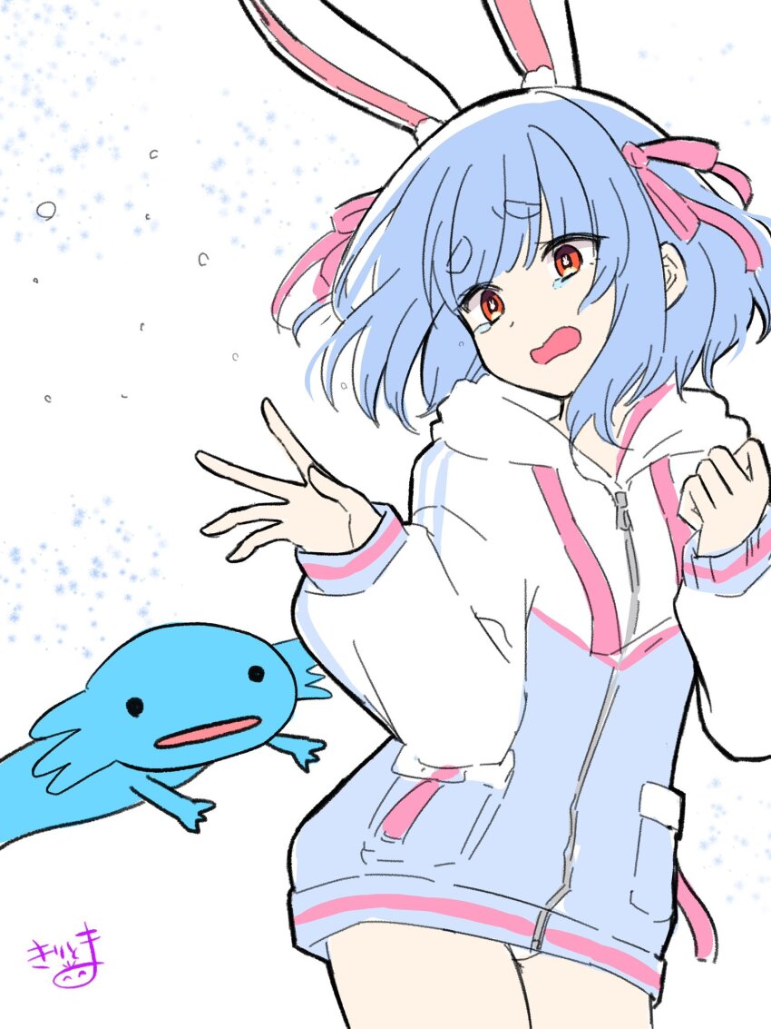 1girl animal_ear_fluff animal_ears axolotl blue_hair commentary_request hair_ribbon highres holding hololive hood hood_down hooded_jacket jacket kiritoma long_sleeves minecraft open_mouth pink_ribbon puffy_long_sleeves puffy_sleeves rabbit-shaped_pupils rabbit_ears red_eyes ribbon short_eyebrows signature simple_background sleeves_past_wrists solo symbol-shaped_pupils tears thick_eyebrows usada_pekora usada_pekora_(summer) virtual_youtuber wavy_mouth white_background white_jacket